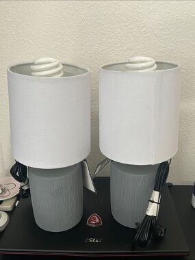 Modern Gray Ceramic Table Lamp Pair with White Shades